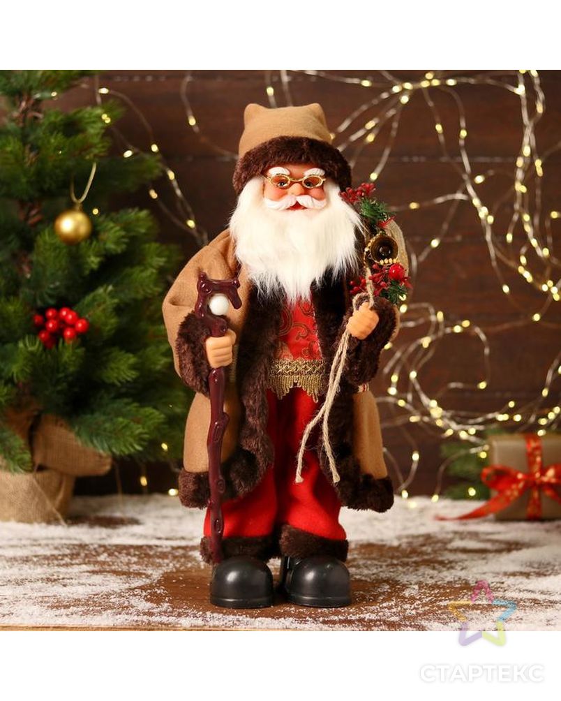 Дед Мороз "В коричневой шубке, с посохом" двигается, 20х40 см арт. СМЛ-170859-1-СМЛ0006938380 1
