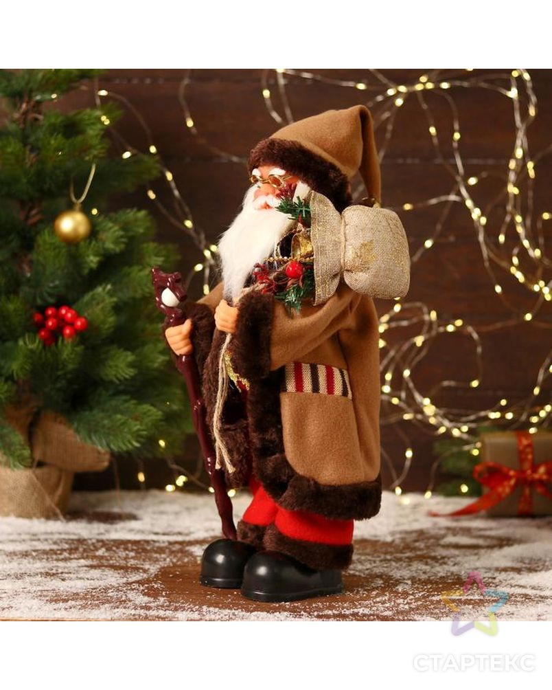 Дед Мороз "В коричневой шубке, с посохом" двигается, 20х40 см арт. СМЛ-170859-1-СМЛ0006938380 2