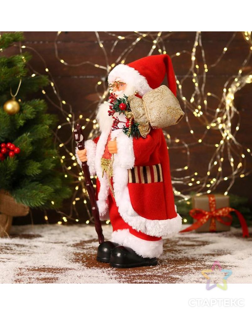 Дед Мороз "В красном костюмчике с орнаментом, с посохом" двигается, 20х40 см арт. СМЛ-170860-1-СМЛ0006938381 2