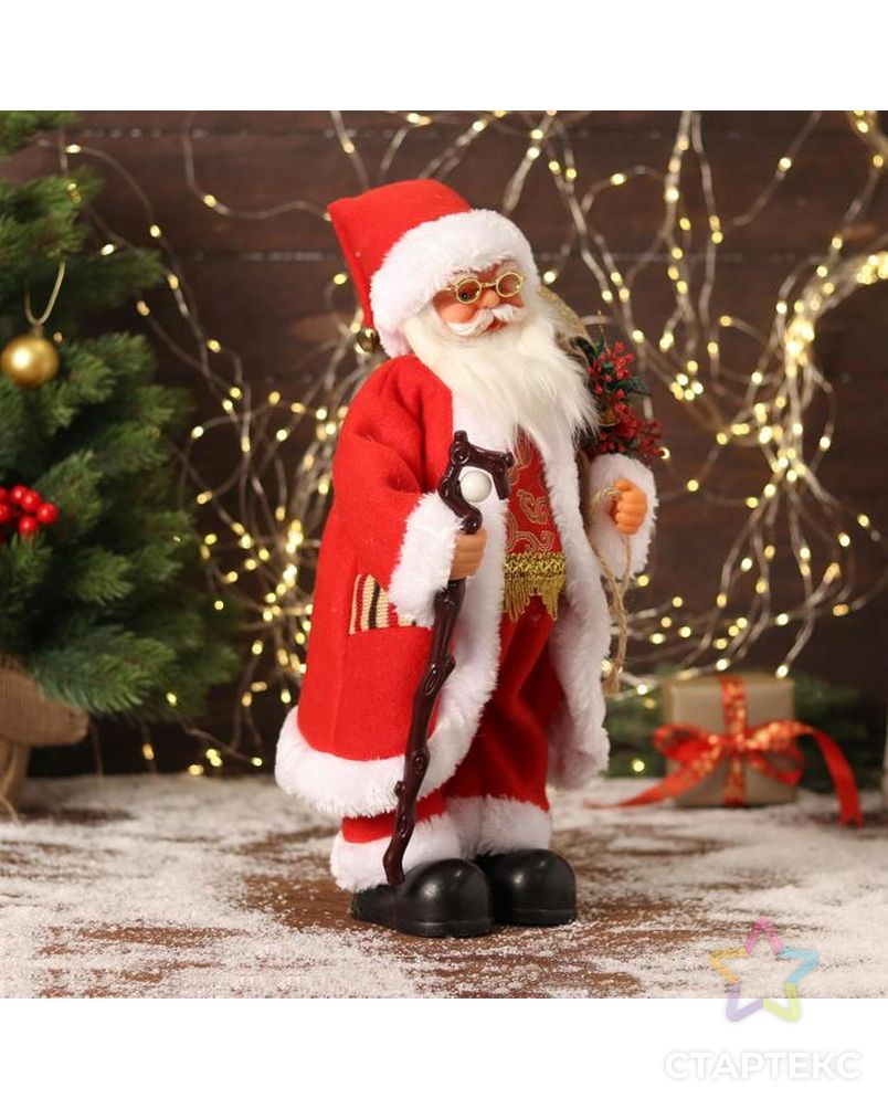 Дед Мороз "В красном костюмчике с орнаментом, с посохом" двигается, 20х40 см арт. СМЛ-170860-1-СМЛ0006938381 4