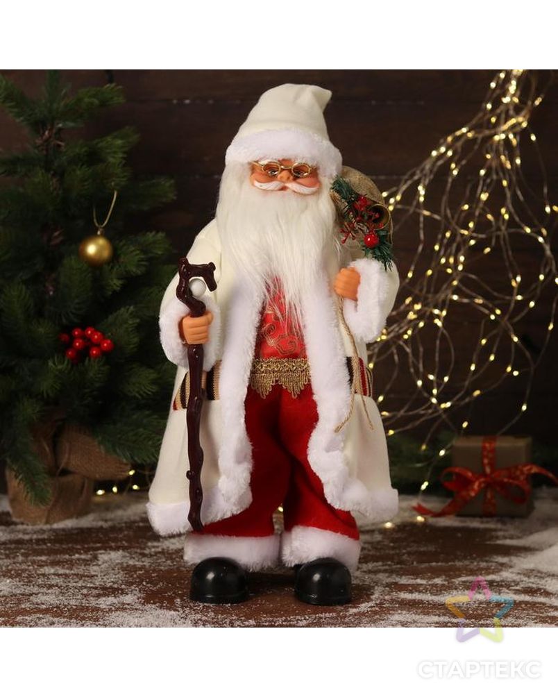 Дед Мороз "В белом костюмчике с орнаментом, с посохом" двигается, 20х50 см арт. СМЛ-170861-1-СМЛ0006938382 1