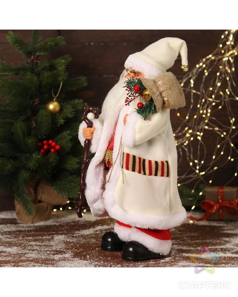 Дед Мороз "В белом костюмчике с орнаментом, с посохом" двигается, 20х50 см арт. СМЛ-170861-1-СМЛ0006938382 2