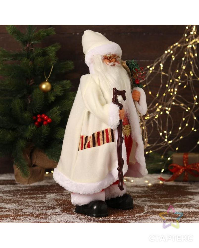 Дед Мороз "В белом костюмчике с орнаментом, с посохом" двигается, 20х50 см арт. СМЛ-170861-1-СМЛ0006938382 4