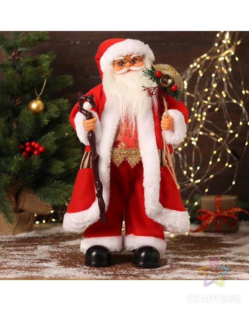 Дед Мороз "В красном костюмчике с орнаментом, с посохом" двигается, 20х50 см арт. СМЛ-170862-1-СМЛ0006938383 1