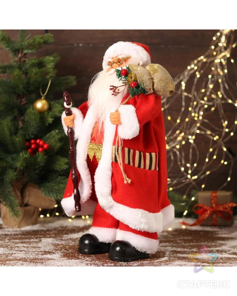 Дед Мороз "В красном костюмчике с орнаментом, с посохом" двигается, 20х50 см арт. СМЛ-170862-1-СМЛ0006938383 2