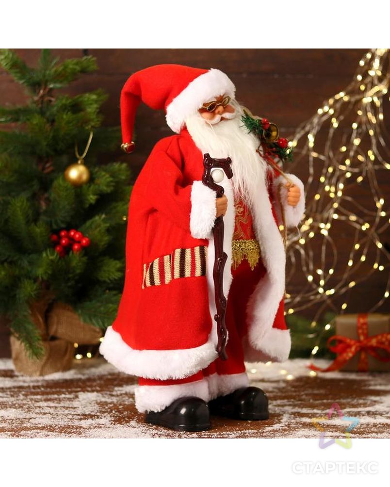 Дед Мороз "В красном костюмчике с орнаментом, с посохом" двигается, 20х50 см арт. СМЛ-170862-1-СМЛ0006938383 4