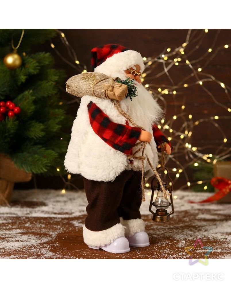 Дед Мороз "В клетчатом тулупе, с фонариком" двигается, ботинки светятся, 17х35 см арт. СМЛ-170865-1-СМЛ0006938386 4