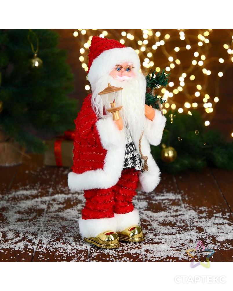 Дед Мороз "В свитере и блестящей шубке с белым мехом" двигается, фонарь светится, 15х35 см арт. СМЛ-185191-1-СМЛ0006938389 2