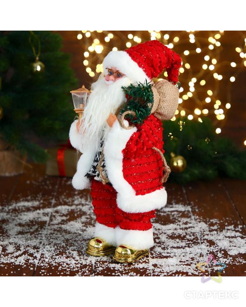 Дед Мороз "В свитере и блестящей шубке с белым мехом" двигается, фонарь светится, 15х35 см арт. СМЛ-185191-1-СМЛ0006938389 3