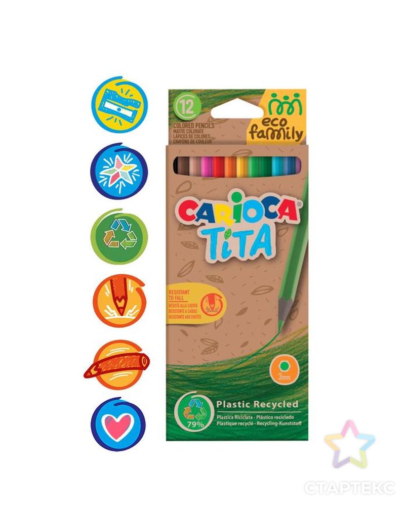 Карандаши пластиковые 12 цветов Carioca "Tita. EcoFamily" заточенные, картон, с заботой о природе, европодвес арт. СМЛ-220245-1-СМЛ0006941366 1