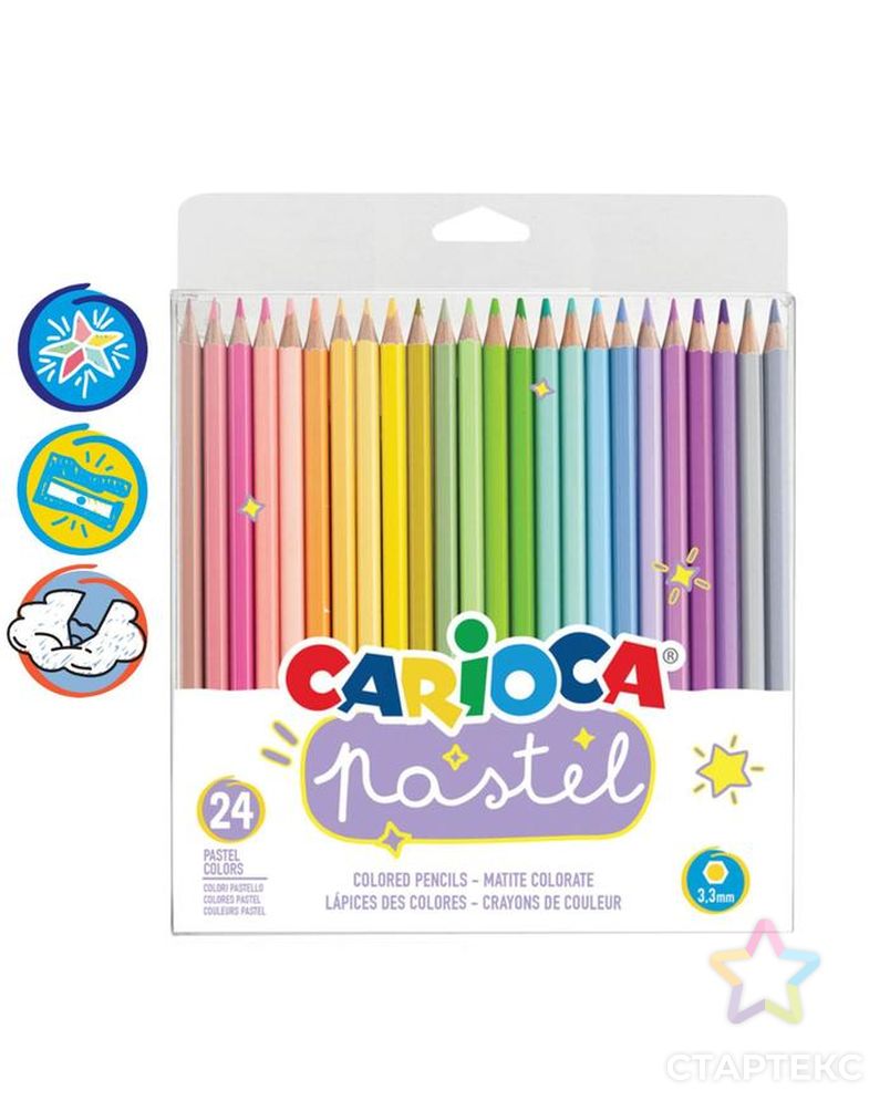 Карандаши 24 цвета Carioca "Pastel", пастельная палитра, 3.3 мм, шестигранные, деревянные, блистер, европодвес арт. СМЛ-220246-1-СМЛ0006941383 1