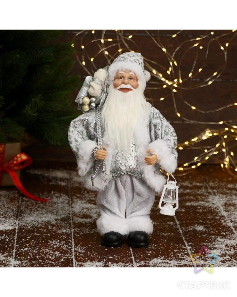 Дед Мороз "В белой шубе ромбик блеск, с фонариком и подарками" 16х30 см арт. СМЛ-195517-1-СМЛ0006949609