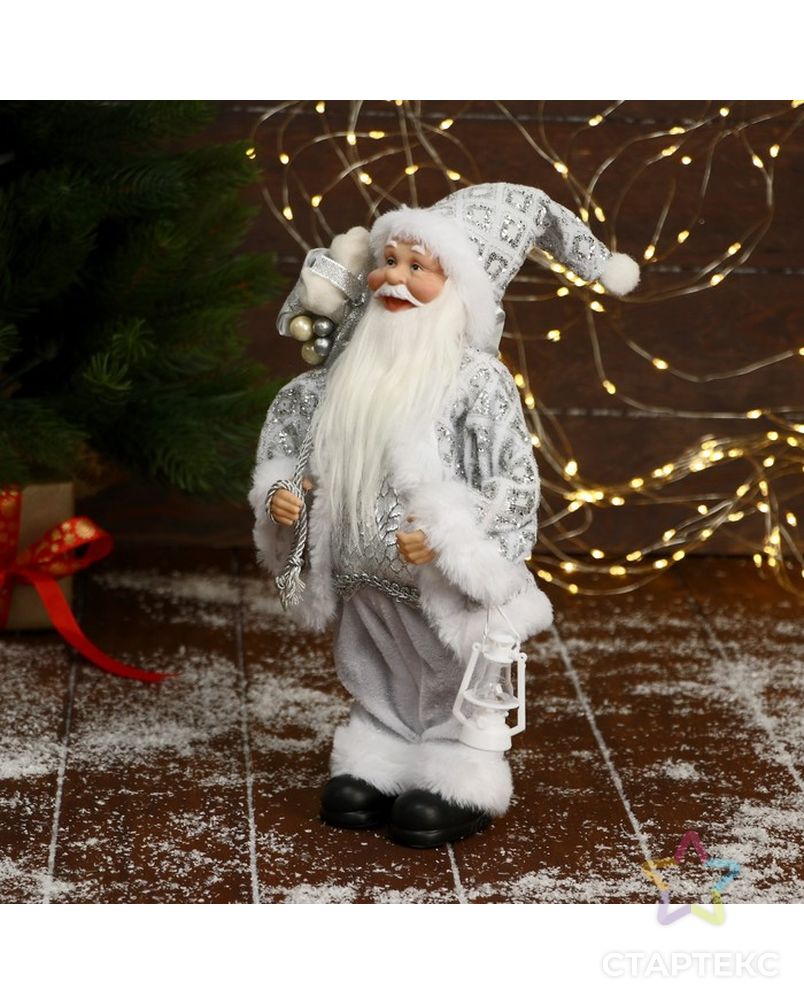 Дед Мороз "В белой шубе ромбик блеск, с фонариком и подарками" 16х30 см арт. СМЛ-195517-1-СМЛ0006949609 2