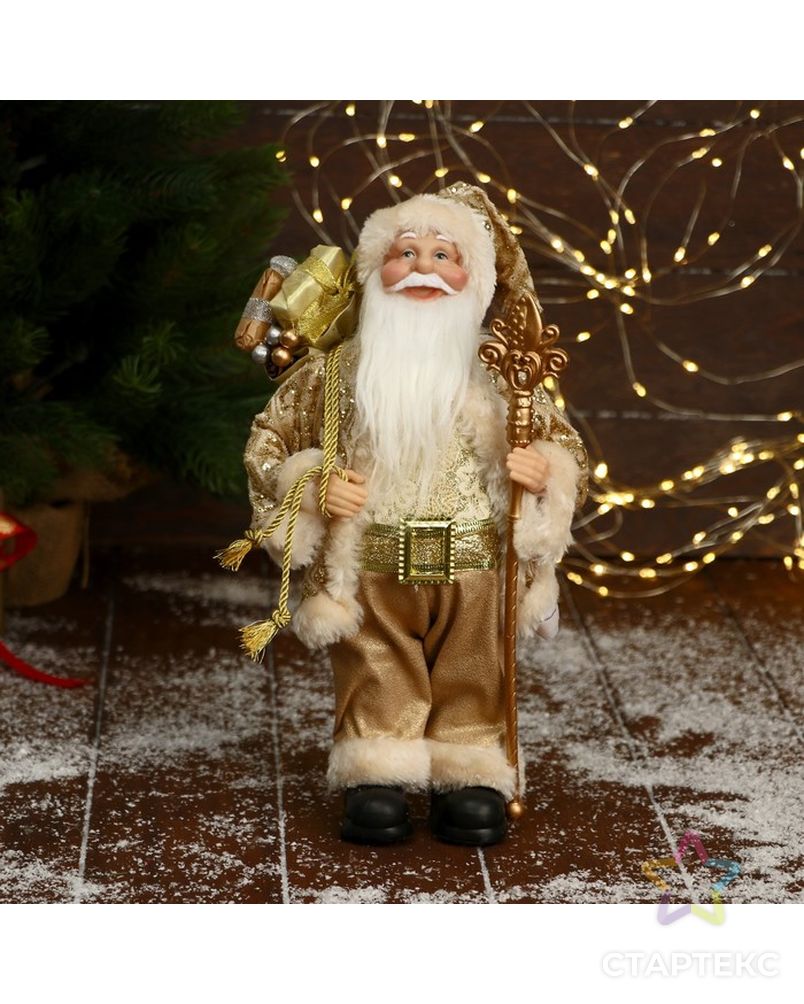 Дед Мороз "В золотой шубе, с ремешком, с посохом и подарками" 16х30 см арт. СМЛ-195518-1-СМЛ0006949611 1