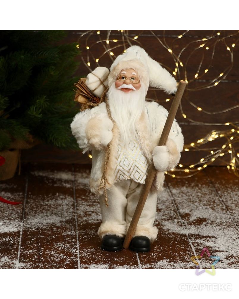Дед Мороз "В белой шубе, кофте ромбик, с посохом и подарками" 16х30 см арт. СМЛ-195519-1-СМЛ0006949614 1