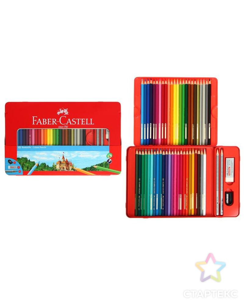 Карандаши 48 цвета Faber-Castell «Замок», трёхгранный корпус, 2 чернографитных карандаша , с ластиком, в металлическом пенале арт. СМЛ-180877-1-СМЛ0006963039 1