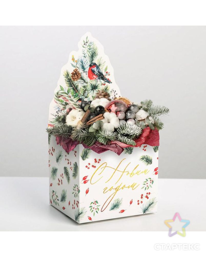 Коробка для мини-букетов «С новым годом», снегири, 12 х 17 х 10 см арт. СМЛ-164037-1-СМЛ0006979906 1
