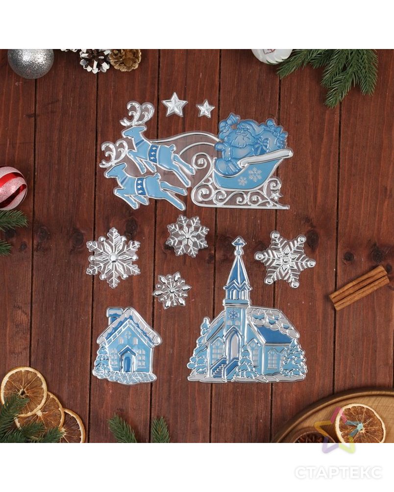 Наклейки на окна "Новогодние" Дед Мороз, зимний дом, 43 х 28 см арт. СМЛ-210815-1-СМЛ0007006989 2