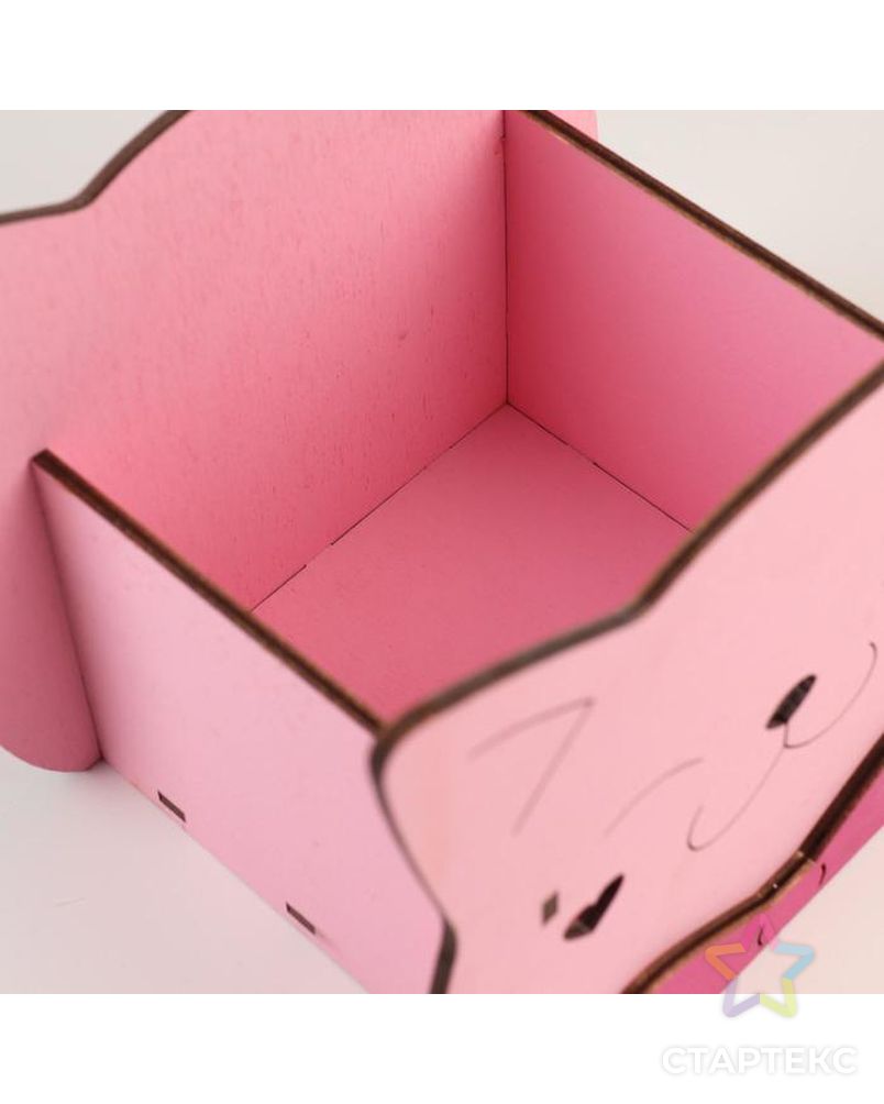 Кашпо деревянное для цветов и подарков "Котик" с аппликацией, розовое, 18,8х12,8х16,7 см арт. СМЛ-171018-1-СМЛ0007007963 4