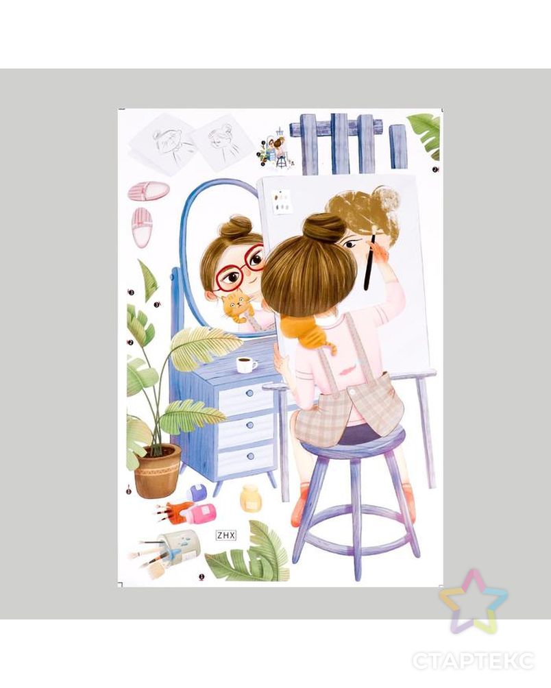 Наклейка пластик интерьерная цветная "Девочка рисует автопортрет" 44х62 см арт. СМЛ-210232-1-СМЛ0007025893 2