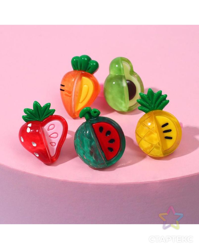 Кольцо детское "Ассорти" фрукты, форма МИКС, цветное, безразмерное арт. СМЛ-187351-1-СМЛ0007076968 2