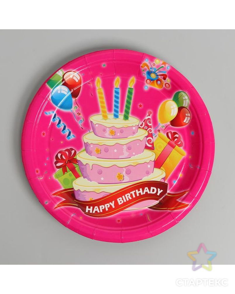 Набор бумажной посуды "С Днём Рождения" стаканы 6 шт, тарелки 6 шт, цвет розовый арт. СМЛ-166284-1-СМЛ0007105183 2