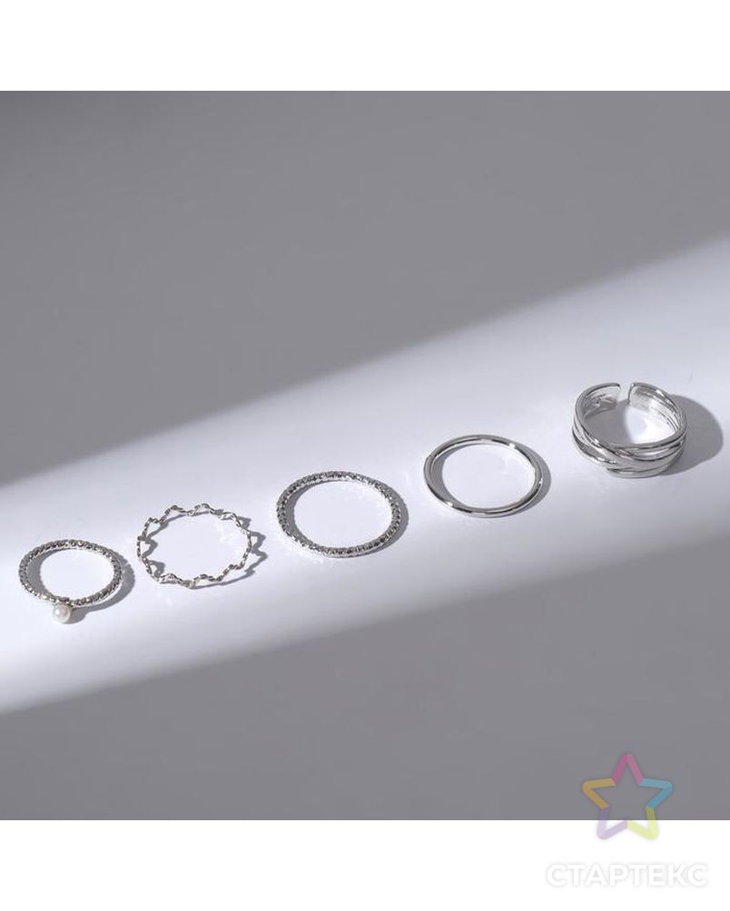 Набор колец 5 штук "Идеальные пальчики" плетение, цвет белый в серебре арт. СМЛ-159928-1-СМЛ0007110817 3