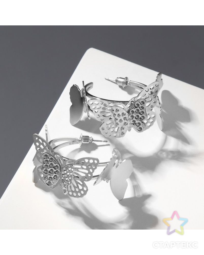 Серьги-кольца "Бабочки" карусель, цвет матовое серебро, d=4см арт. СМЛ-220214-1-СМЛ0007120697 1