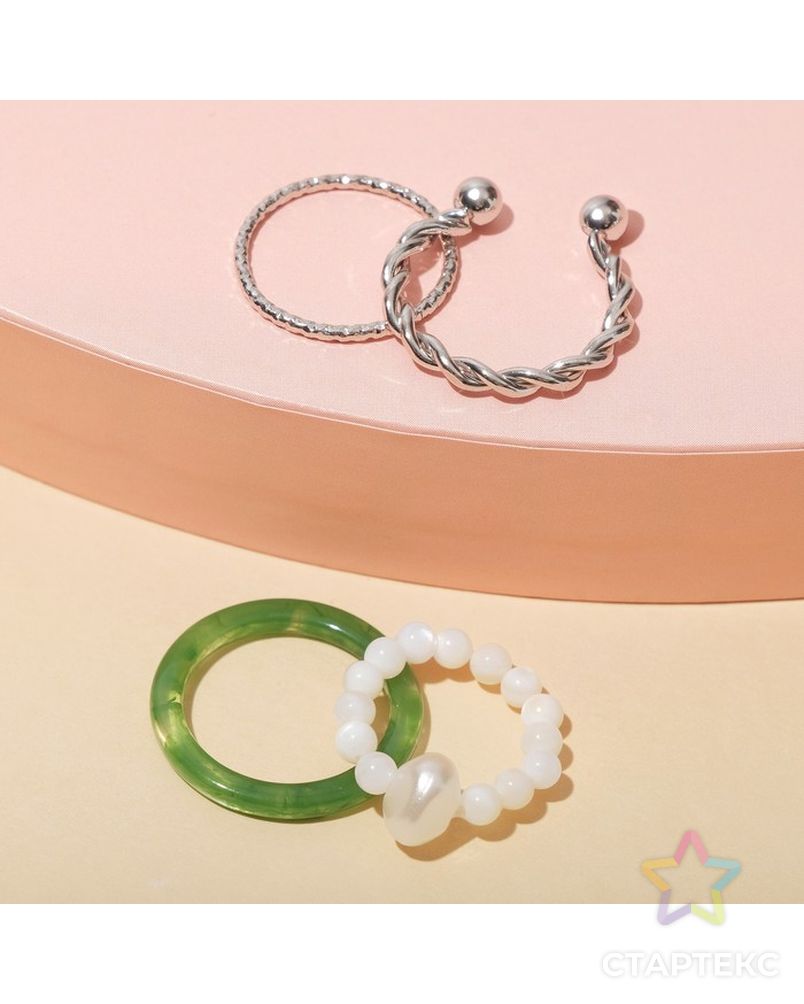 Набор кольца 4 шт. "Джипси" 1 на фалангу, бусинки, цвет бело-зелёный в серебре, размер 16 арт. СМЛ-202184-1-СМЛ0007129413 1
