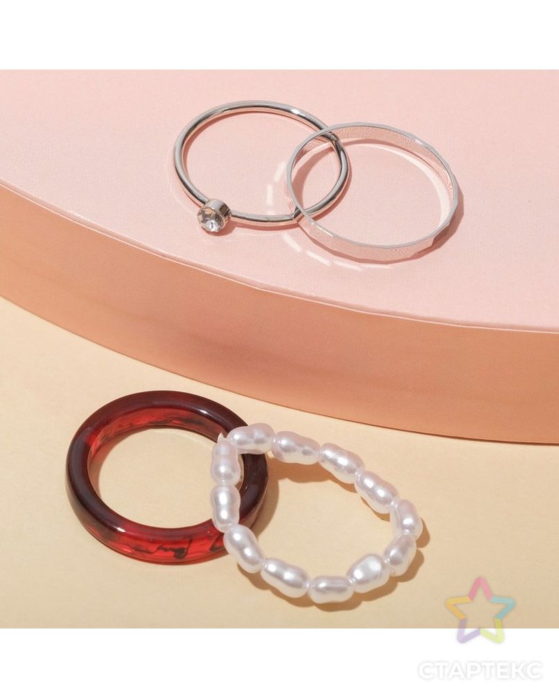 Набор кольца 4 шт. "Джипси", эстетика, цвет красно-белый в серебре, размер 16-17 арт. СМЛ-202194-1-СМЛ0007129425 1