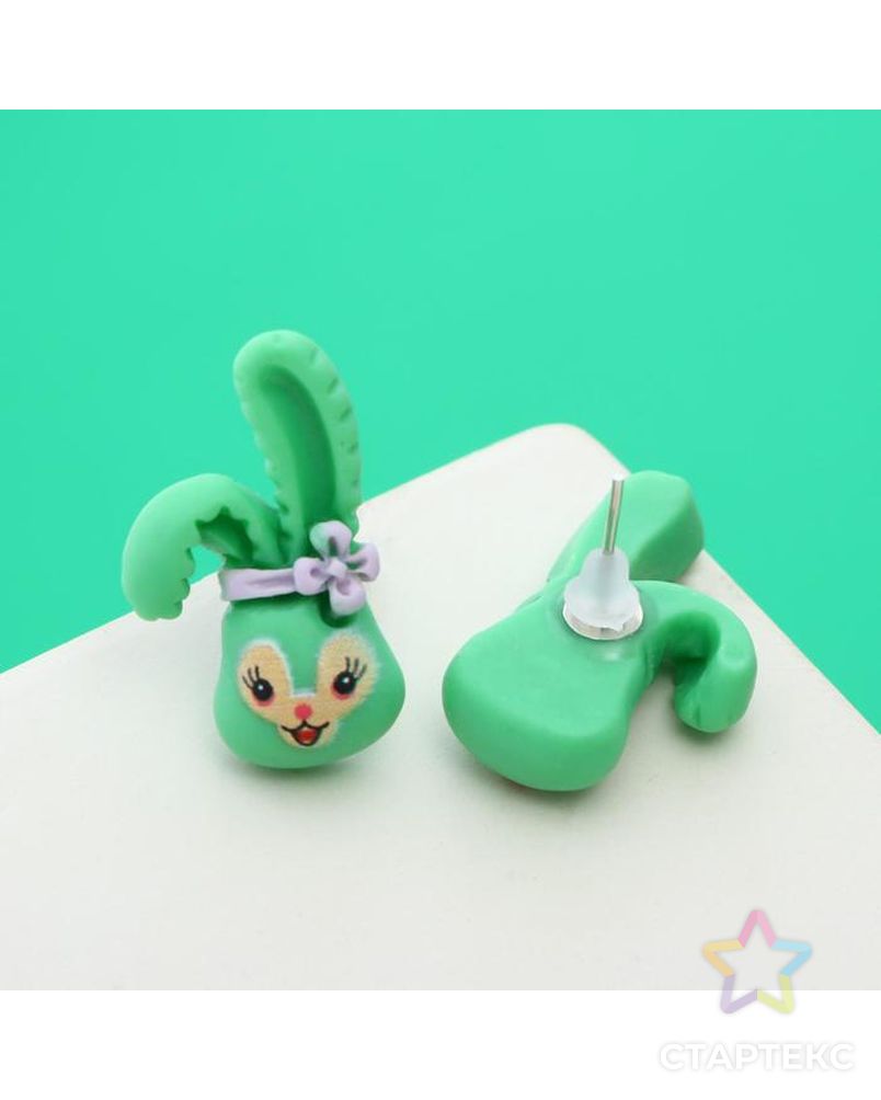 Пусеты детские "Кролик с бантиком", цвет зелёно-голубой арт. СМЛ-162429-1-СМЛ0007142049