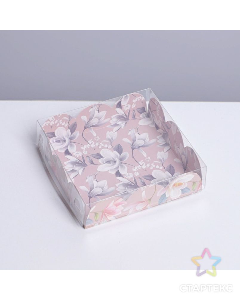 Коробка для кондитерских изделий с PVC крышкой «Цветы», 10,5 × 10,5 × 3 см арт. СМЛ-192112-1-СМЛ0007155156 1
