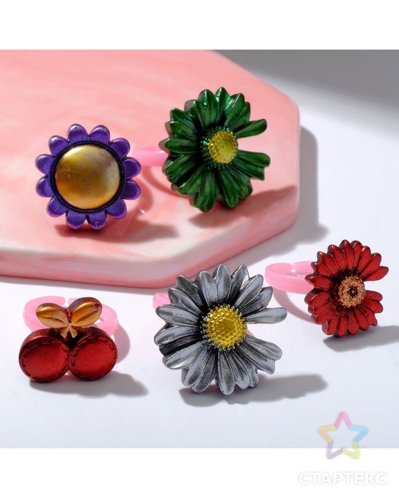 Кольцо детское "Выбражулька" цветочное ассорти, форма МИКС, цвет МИКС, безразмерное арт. СМЛ-227943-1-СМЛ0007161903 1