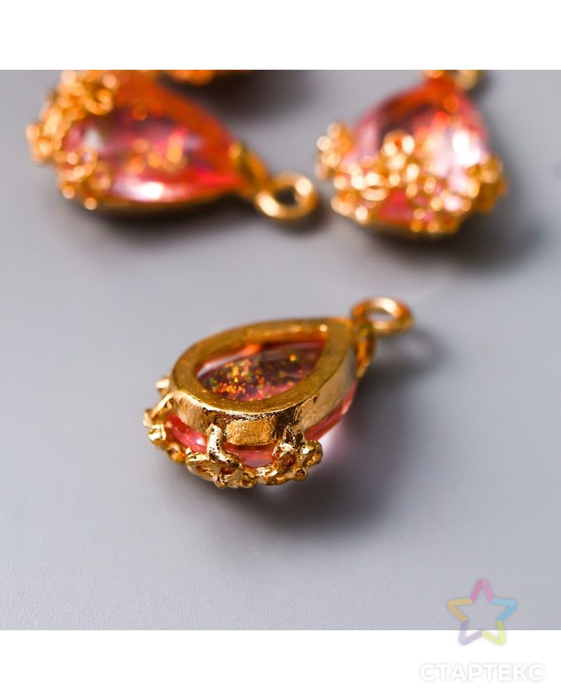 Декор для творчества пластик "Капля с золотыми цветочками" розовый кристалл 2х1,2 см арт. СМЛ-200969-1-СМЛ0007330718 2
