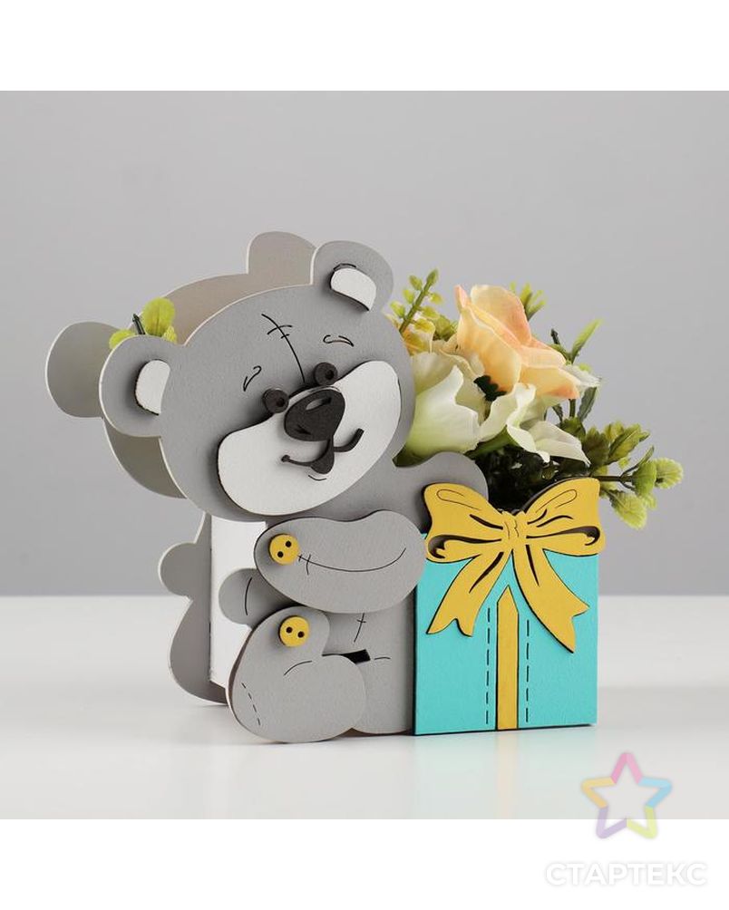Подарочная упаковка "Мишка с подарком" 17х8х16 см серый пастель-тиффани арт. СМЛ-168407-1-СМЛ0007337362 1