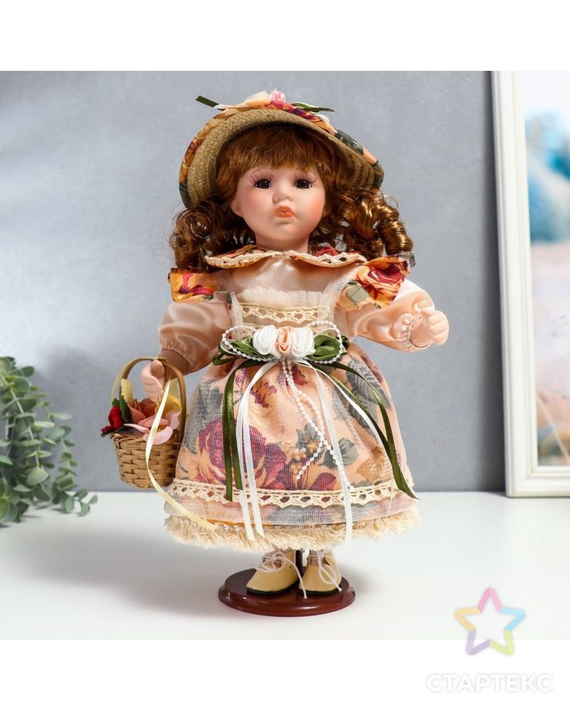 Кукла коллекционная керамика "Клара в платье с розами, шляпке и с корзинкой" 30 см арт. СМЛ-231583-1-СМЛ0007390253 1