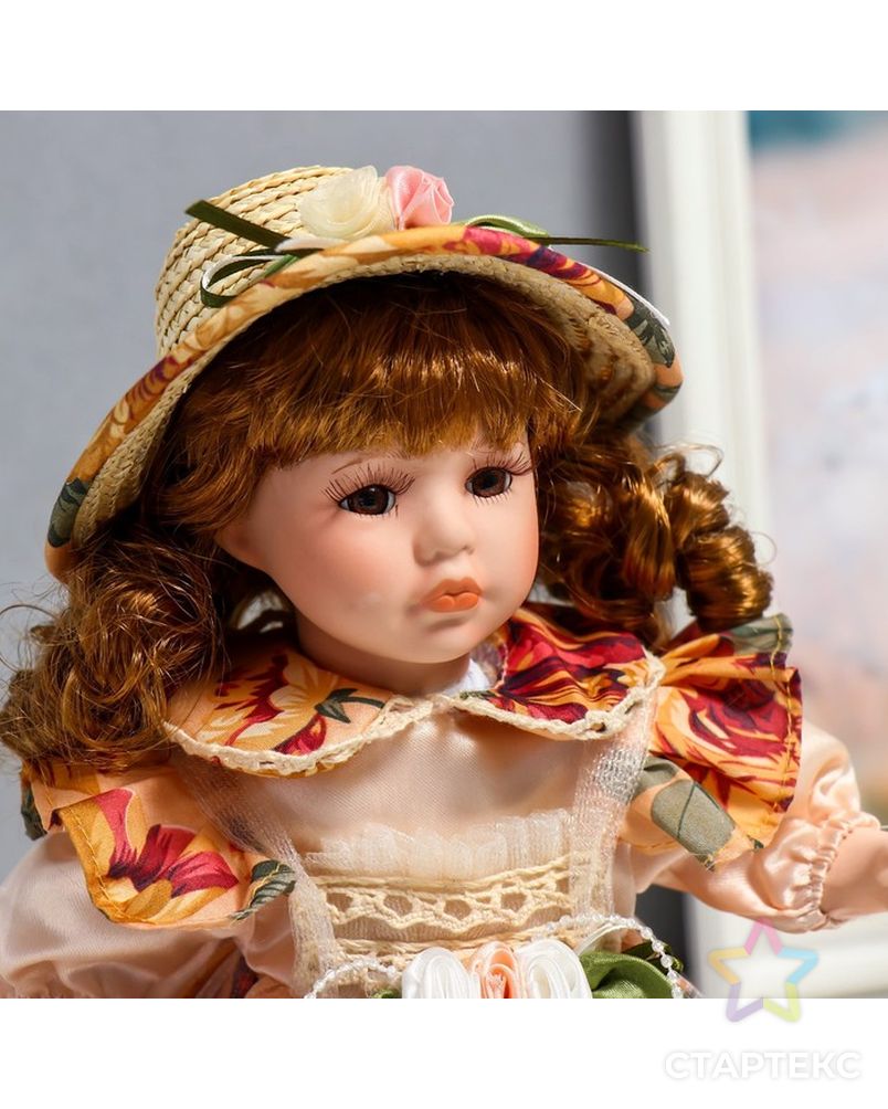 Кукла коллекционная керамика "Клара в платье с розами, шляпке и с корзинкой" 30 см арт. СМЛ-231583-1-СМЛ0007390253 5