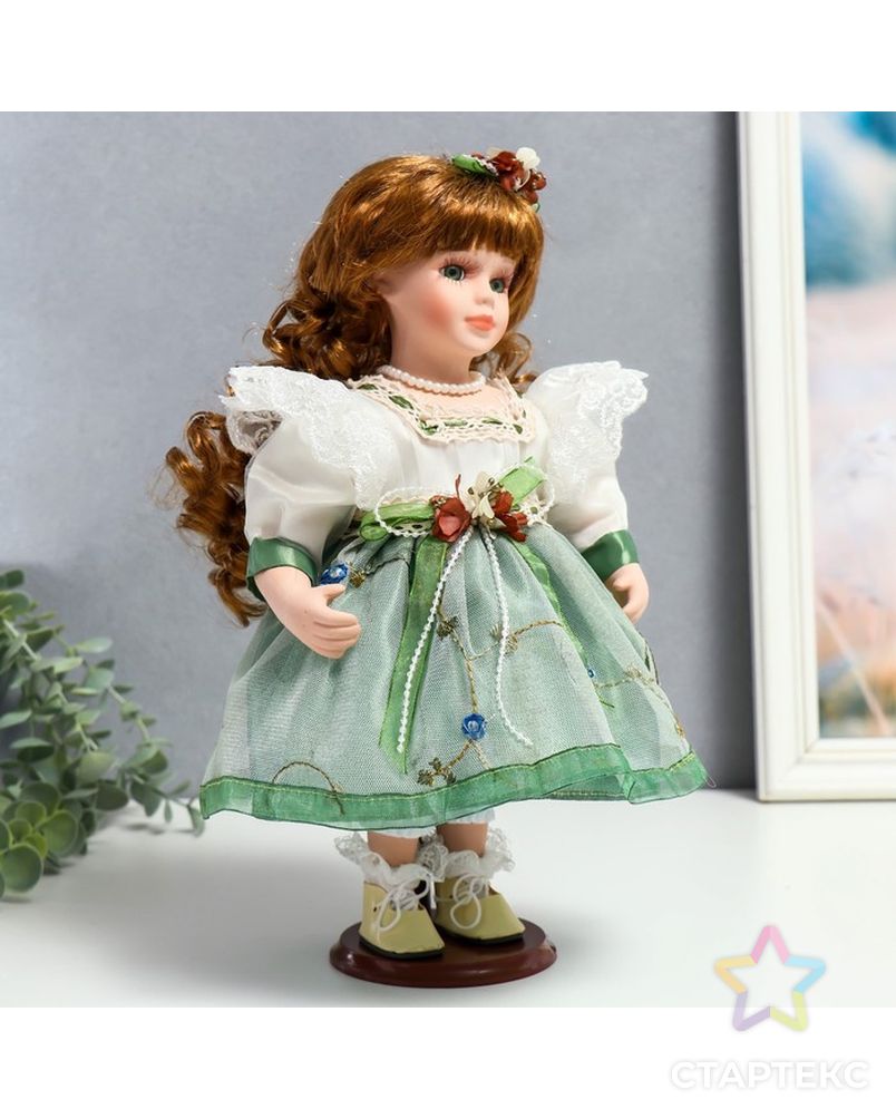 Кукла коллекционная керамика "Агата в бело-зелёном платье и с цветами в волосах" 30 см арт. СМЛ-231594-1-СМЛ0007390264 2
