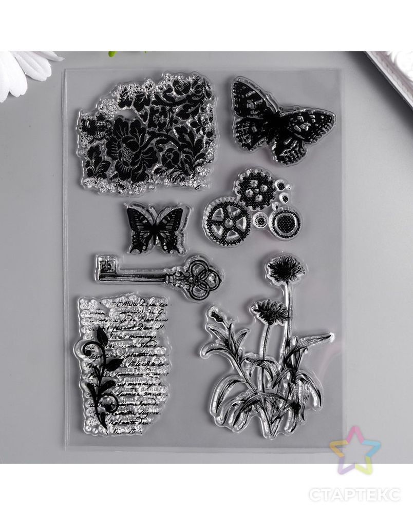 Штамп для творчества силикон "Бабочки, цветы и ключ" 15х10 см арт. СМЛ-213528-1-СМЛ0007425856 1