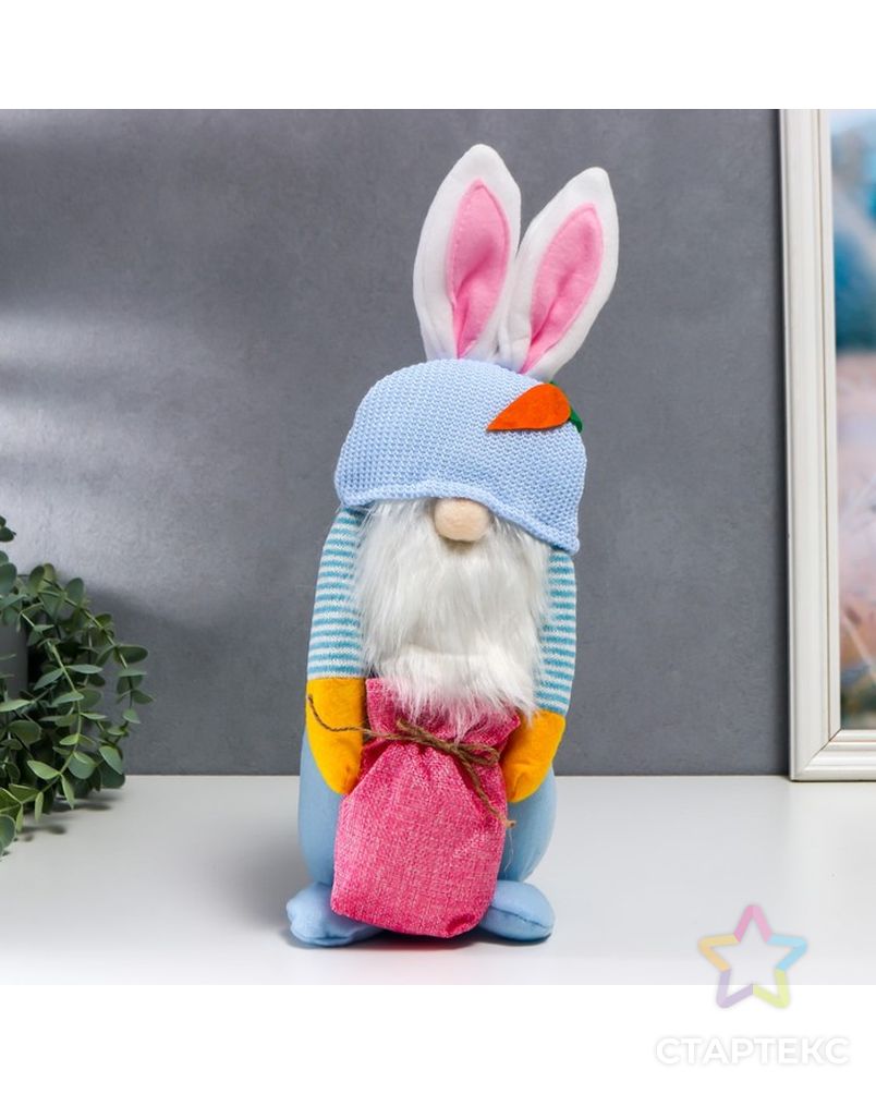 Кукла интерьерная "Гном в шапке с зайчьими ушами, с мешком" голубой 40х14 см арт. СМЛ-225659-1-СМЛ0007509600 1