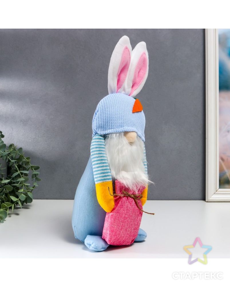 Кукла интерьерная "Гном в шапке с зайчьими ушами, с мешком" голубой 40х14 см арт. СМЛ-225659-1-СМЛ0007509600 2