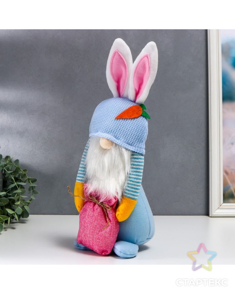 Кукла интерьерная "Гном в шапке с зайчьими ушами, с мешком" голубой 40х14 см арт. СМЛ-225659-1-СМЛ0007509600 3