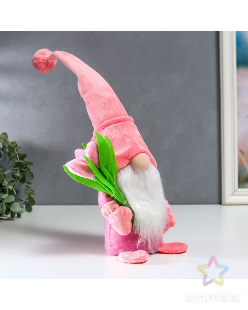 Кукла интерьерная "Гном с тюльпанами" розовый 37х8х6 см арт. СМЛ-225664-1-СМЛ0007509605 2