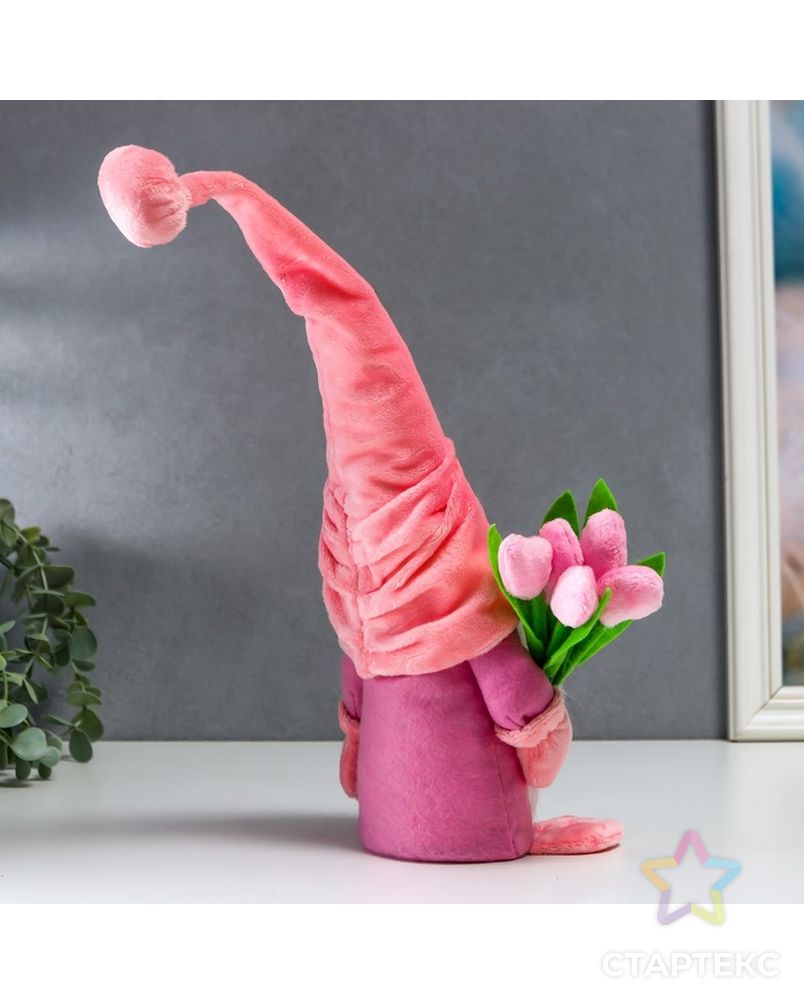 Кукла интерьерная "Гном с тюльпанами" розовый 37х8х6 см арт. СМЛ-225664-1-СМЛ0007509605 5