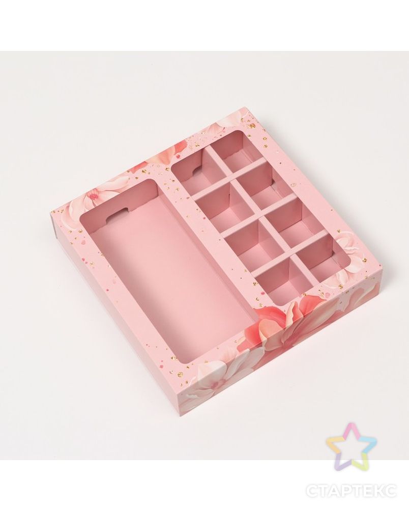 Коробка под 8 конфет + шоколад, с окном "Розовые цветы", 17,7 х 17,85 х 3,85 см арт. СМЛ-226516-1-СМЛ0007730332 1