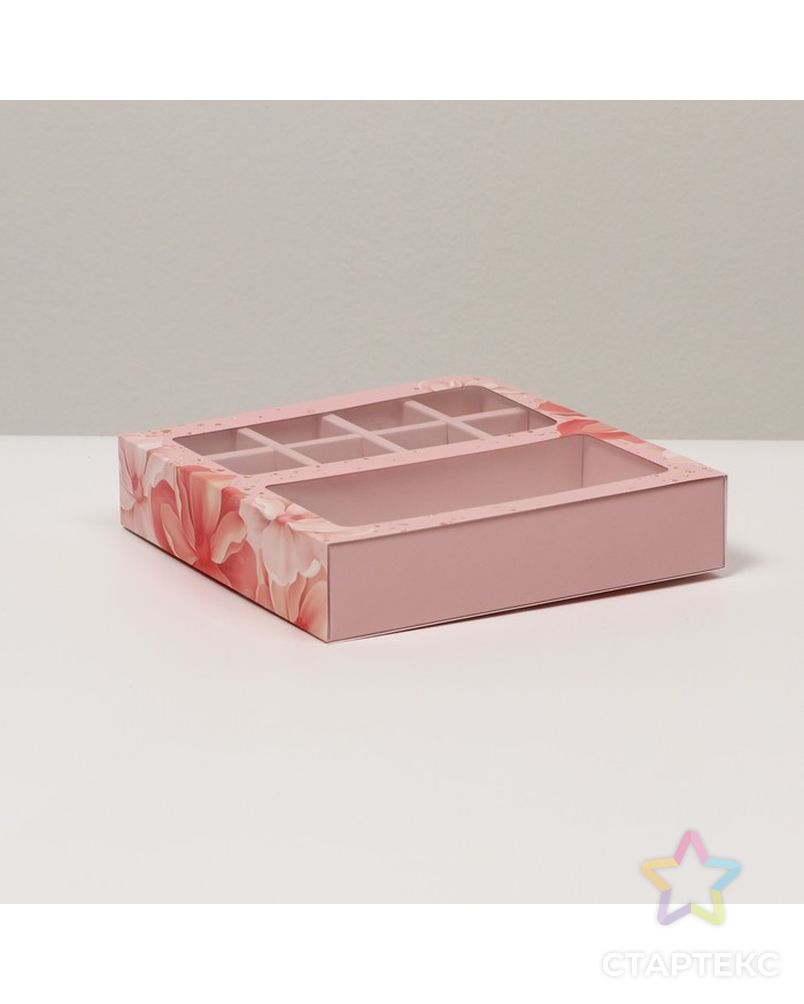 Коробка под 8 конфет + шоколад, с окном "Розовые цветы", 17,7 х 17,85 х 3,85 см арт. СМЛ-226516-1-СМЛ0007730332 2
