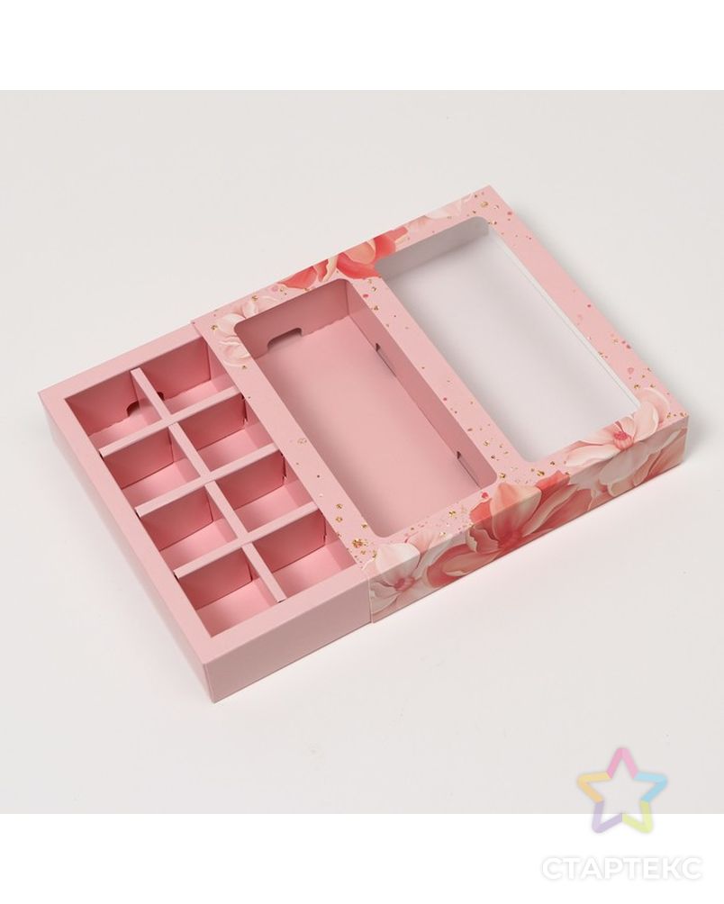 Коробка под 8 конфет + шоколад, с окном "Розовые цветы", 17,7 х 17,85 х 3,85 см арт. СМЛ-226516-1-СМЛ0007730332 3
