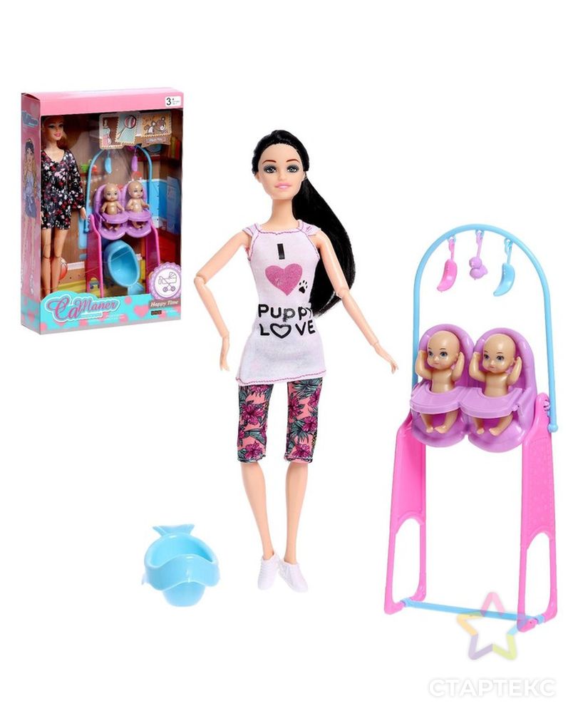 Кукла модель шарнирная "Молодая Мама" с малышами и аксессуарами, в лосинах арт. СМЛ-229107-1-СМЛ0007796933
