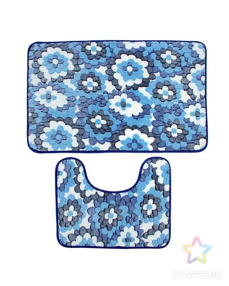 Набор ковриков для ванны и туалета «Голубые цветы», 2 шт: 40×50, 50×80 см арт. СМЛ-30418-1-СМЛ0798119 1