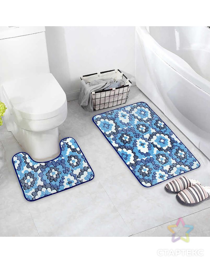 Набор ковриков для ванны и туалета «Голубые цветы», 2 шт: 40×50, 50×80 см арт. СМЛ-30418-1-СМЛ0798119 4